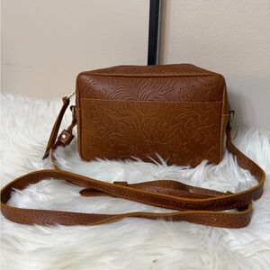 Portland Leather Brown Tooled Embossed Crossbody Bag